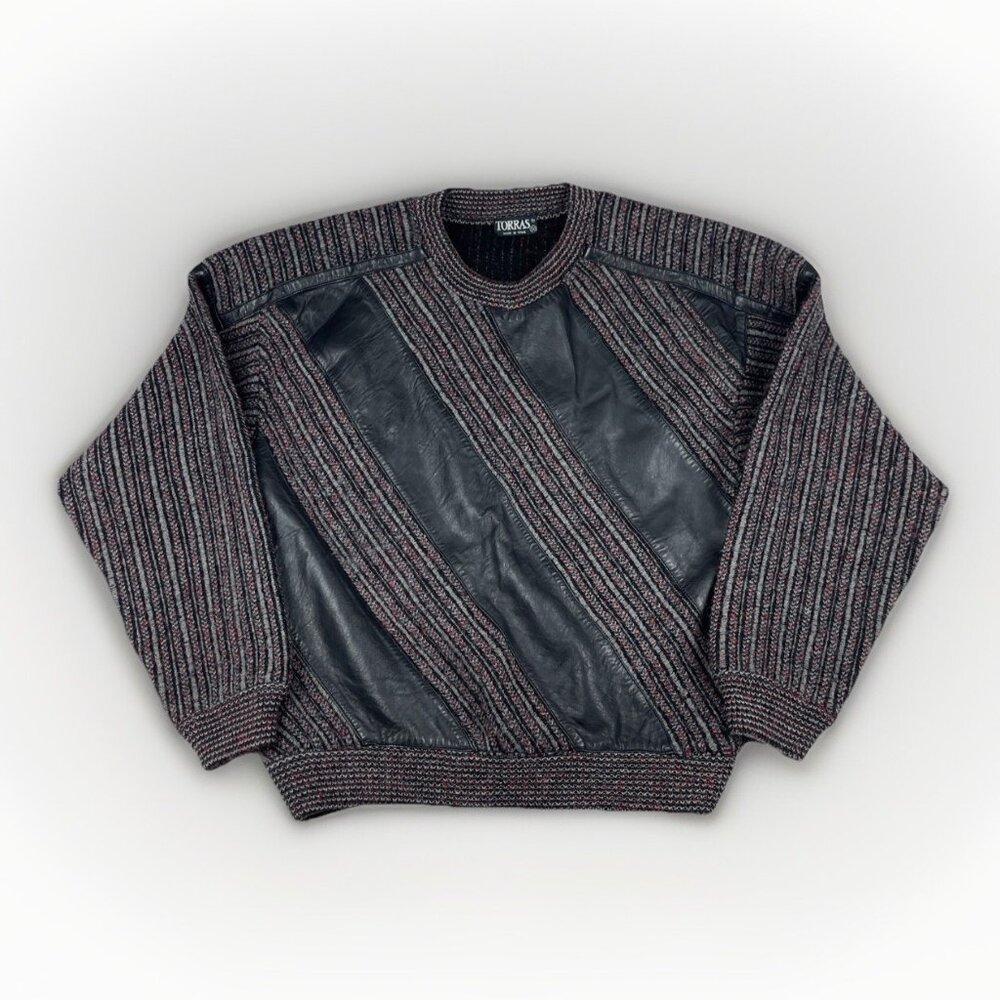 Vintage Torras Spain made Knit Sweater Leather Panels Red / Black Men’s Size 50